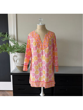 Vineyard Vines Citrus Print Cotton Tunic Dress Size M Pink & Orange Coverup